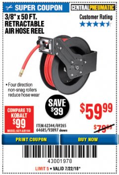 Harbor Freight Coupon 3/8" X 50 FT. AIR HOSE REEL Lot No. 40131/69232 Expired: 7/22/18 - $59.99