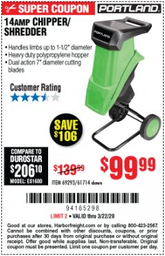 Harbor Freight Coupon 14 AMP ELECTRIC SHREDDER Lot No. 61714/69293 Expired: 3/22/20 - $99.99