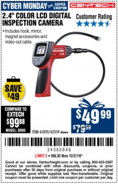 Harbor Freight Coupon 2.4" COLOR LCD DIGITAL INSPECTION CAMERA Lot No. 61839/62359/67979 Expired: 12/2/19 - $49.99