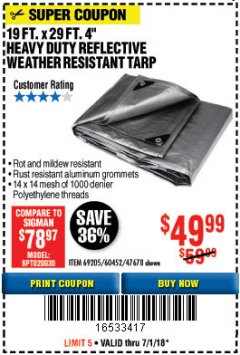 Harbor Freight Coupon 19 FT. X 29 FT. 4" HEAVY DUTY REFLECTIVE ALL PURPOSE TARP Lot No. 47678/60452/69205 Expired: 7/1/18 - $49.99