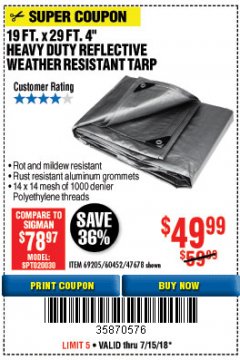 Harbor Freight Coupon HFT 19 FT. X 29 FT. 4 IN. HEAVY DUTY REFLECTIVE ALL-PURPOSE WEATHER-RESISTANT 9 MIL TARP Lot No. 47678 Expired: 7/15/18 - $49.99