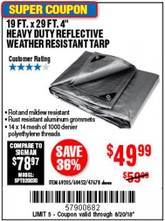 Harbor Freight Coupon HFT 19 FT. X 29 FT. 4 IN. HEAVY DUTY REFLECTIVE ALL-PURPOSE WEATHER-RESISTANT 9 MIL TARP Lot No. 47678 Expired: 8/20/18 - $49