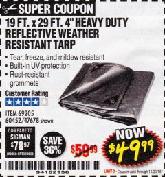 Harbor Freight Coupon 19 FT. X 29 FT. 4" HEAVY DUTY REFLECTIVE ALL PURPOSE TARP Lot No. 47678/60452/69205 Expired: 11/30/18 - $49.99