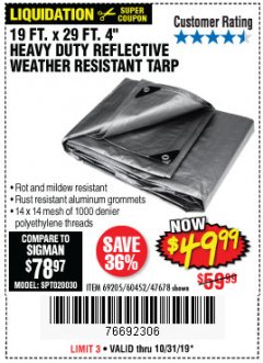 Harbor Freight Coupon 19 FT. X 29 FT. 4" HEAVY DUTY REFLECTIVE ALL PURPOSE TARP Lot No. 47678/60452/69205 Expired: 10/31/19 - $49.99