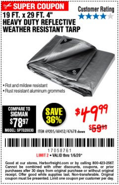 Harbor Freight Coupon 19 FT. X 29 FT. 4" HEAVY DUTY REFLECTIVE ALL PURPOSE TARP Lot No. 47678/60452/69205 Expired: 1/6/20 - $49.99