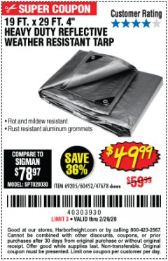 Harbor Freight Coupon 19 FT. X 29 FT. 4" HEAVY DUTY REFLECTIVE ALL PURPOSE TARP Lot No. 47678/60452/69205 Expired: 2/29/20 - $49.99