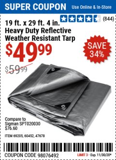 Harbor Freight Coupon 19 FT. X 29 FT. 4" HEAVY DUTY REFLECTIVE ALL PURPOSE TARP Lot No. 47678/60452/69205 Expired: 11/30/20 - $49.99