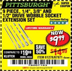 Harbor Freight Coupon PITTSBURGH WOBBLE SOCKET EXTENSION SET, 9-PIECE Lot No. 67971 Expired: 9/18/18 - $9.99