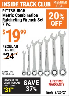 Harbor Freight ITC Coupon 7 PIECE RATCHETING COMBINATION WRENCH SETS Lot No. 96654/61396/62571/95552/62572/61400 Expired: 8/26/21 - $19.99