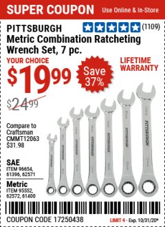 Harbor Freight Coupon 7 PIECE RATCHETING COMBINATION WRENCH SETS Lot No. 96654/61396/62571/95552/62572/61400 Expired: 10/31/20 - $19.99