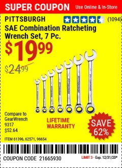 Harbor Freight Coupon 7 PIECE RATCHETING COMBINATION WRENCH SETS Lot No. 96654/61396/62571/95552/62572/61400 Expired: 12/31/20 - $19.99