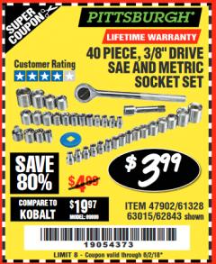 Harbor Freight Coupon 40 PIECE 1/4" AND 3/8" DRIVE SOCKET SET Lot No. 61328/62843/63015/47902 Expired: 6/2/18 - $3.99
