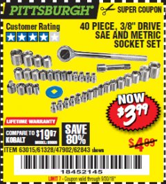 Harbor Freight Coupon 40 PIECE 1/4" AND 3/8" DRIVE SOCKET SET Lot No. 61328/62843/63015/47902 Expired: 9/30/18 - $3.99
