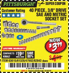 Harbor Freight Coupon 40 PIECE 1/4" AND 3/8" DRIVE SOCKET SET Lot No. 61328/62843/63015/47902 Expired: 10/18/18 - $3.99