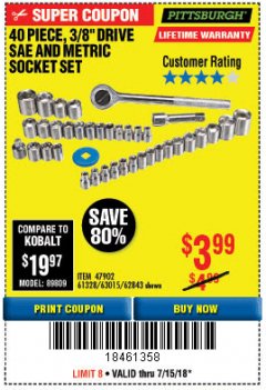 Harbor Freight Coupon 40 PIECE 1/4" AND 3/8" DRIVE SOCKET SET Lot No. 61328/62843/63015/47902 Expired: 7/15/18 - $3.99