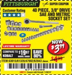 Harbor Freight Coupon 40 PIECE 1/4" AND 3/8" DRIVE SOCKET SET Lot No. 61328/62843/63015/47902 Expired: 11/30/18 - $3.99