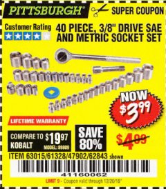 Harbor Freight Coupon 40 PIECE 1/4" AND 3/8" DRIVE SOCKET SET Lot No. 61328/62843/63015/47902 Expired: 12/20/18 - $3.99