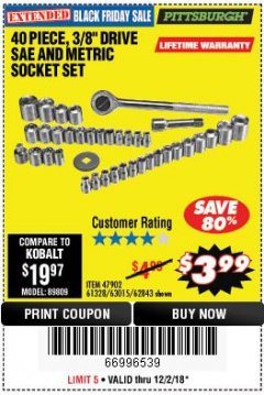Harbor Freight Coupon 40 PIECE 1/4" AND 3/8" DRIVE SOCKET SET Lot No. 61328/62843/63015/47902 Expired: 12/2/18 - $3.99