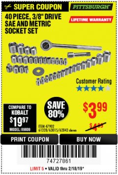 Harbor Freight Coupon 40 PIECE 1/4" AND 3/8" DRIVE SOCKET SET Lot No. 61328/62843/63015/47902 Expired: 2/24/19 - $3.99