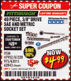 Harbor Freight Coupon 40 PIECE 1/4" AND 3/8" DRIVE SOCKET SET Lot No. 61328/62843/63015/47902 Expired: 8/31/19 - $5.99