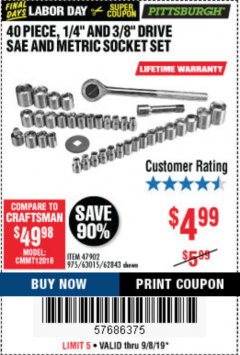 Harbor Freight Coupon 40 PIECE 1/4" AND 3/8" DRIVE SOCKET SET Lot No. 61328/62843/63015/47902 Expired: 9/8/19 - $4.99