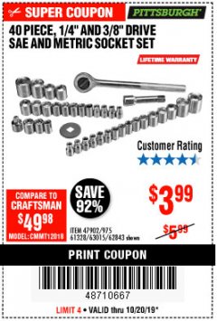 Harbor Freight Coupon 40 PIECE 1/4" AND 3/8" DRIVE SOCKET SET Lot No. 61328/62843/63015/47902 Expired: 10/20/19 - $3.99