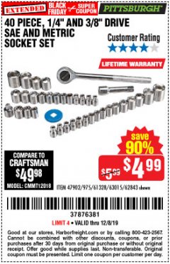 Harbor Freight Coupon 40 PIECE 1/4" AND 3/8" DRIVE SOCKET SET Lot No. 61328/62843/63015/47902 Expired: 12/8/19 - $4.99