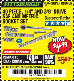 Harbor Freight Coupon 40 PIECE 1/4" AND 3/8" DRIVE SOCKET SET Lot No. 61328/62843/63015/47902 Expired: 2/4/20 - $4.99
