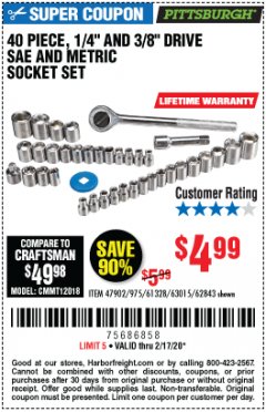 Harbor Freight Coupon 40 PIECE 1/4" AND 3/8" DRIVE SOCKET SET Lot No. 61328/62843/63015/47902 Expired: 2/17/20 - $4.99