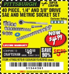 Harbor Freight Coupon 40 PIECE 1/4" AND 3/8" DRIVE SOCKET SET Lot No. 61328/62843/63015/47902 Expired: 6/30/20 - $4.99