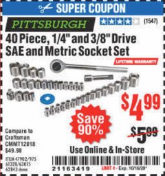 Harbor Freight Coupon 40 PIECE 1/4" AND 3/8" DRIVE SOCKET SET Lot No. 61328/62843/63015/47902 Expired: 10/16/20 - $4.99