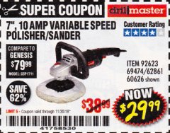 Harbor Freight Coupon 7" VARIABLE SPEED POLISHER/SANDER Lot No. 62861/92623/60626 Expired: 11/30/18 - $29.99