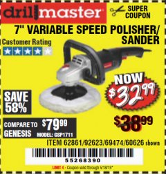 Harbor Freight Coupon 7" VARIABLE SPEED POLISHER/SANDER Lot No. 62861/92623/60626 Expired: 5/18/19 - $32.99