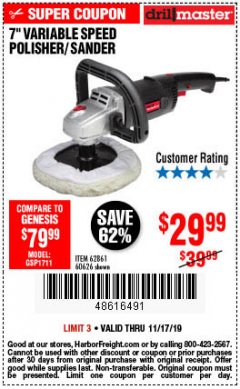 Harbor Freight Coupon 7" VARIABLE SPEED POLISHER/SANDER Lot No. 62861/92623/60626 Expired: 11/17/19 - $29.99