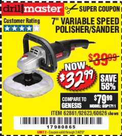 Harbor Freight Coupon 7" VARIABLE SPEED POLISHER/SANDER Lot No. 62861/92623/60626 Expired: 2/4/20 - $32.99