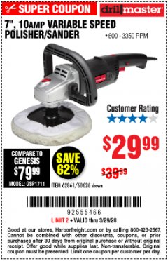 Harbor Freight Coupon 7" VARIABLE SPEED POLISHER/SANDER Lot No. 62861/92623/60626 Expired: 3/29/20 - $29.99