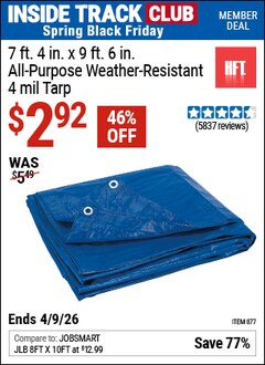 Harbor Freight ITC Coupon HFT 7 FT. 4 IN. X 9 FT. 6 IN. BLUE ALL-PURPOSE WEATHER-RESISTANT 4 MIL TARP Lot No. 877 Expired: 4/9/26 - $2.92