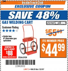 Harbor Freight ITC Coupon GAS WELDING CART Lot No. 65939 Expired: 7/3/18 - $44.99