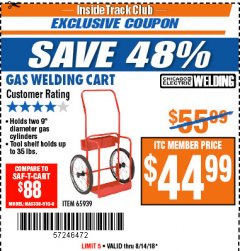 Harbor Freight ITC Coupon GAS WELDING CART Lot No. 65939 Expired: 8/14/18 - $44.99