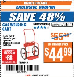 Harbor Freight ITC Coupon GAS WELDING CART Lot No. 65939 Expired: 9/18/18 - $44.99