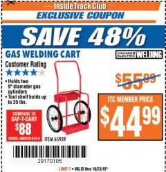 Harbor Freight ITC Coupon GAS WELDING CART Lot No. 65939 Expired: 10/23/18 - $44.99
