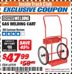 Harbor Freight ITC Coupon GAS WELDING CART Lot No. 65939 Expired: 1/31/20 - $47.99