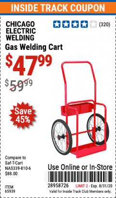 Harbor Freight ITC Coupon GAS WELDING CART Lot No. 65939 Expired: 8/31/20 - $47.99