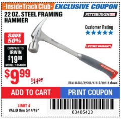 Harbor Freight ITC Coupon STEEL PROFESSIONAL HAMMERS Lot No. 60517/38383/61512/60518 Expired: 5/14/19 - $9.99