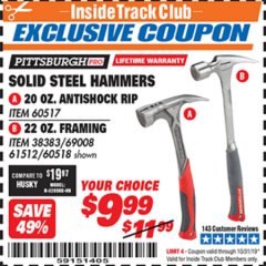 Harbor Freight ITC Coupon STEEL PROFESSIONAL HAMMERS Lot No. 60517/38383/61512/60518 Expired: 10/31/19 - $9.99