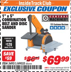 Harbor Freight ITC Coupon 1" X 5" COMBINATION BELT AND DISC SANDER Lot No. 34951/69033 Expired: 10/31/19 - $69.99