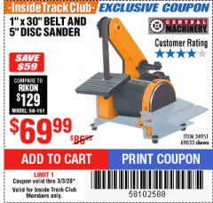 Harbor Freight ITC Coupon 1" X 5" COMBINATION BELT AND DISC SANDER Lot No. 34951/69033 Expired: 3/3/20 - $69.99