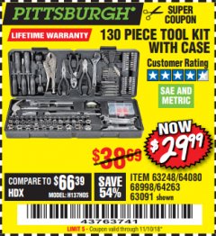 Harbor Freight Coupon 130 PIECE TOOL KIT WITH CASE Lot No. 64263/68998/63091/63248/64080 Expired: 11/18/18 - $29.99