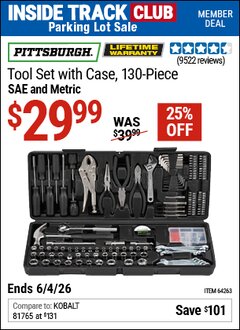 Harbor Freight ITC Coupon PITTSBURGH TOOL SET WITH CASE, 130-PIECE Lot No. 64263 Expired: 6/4/26 - $29.99