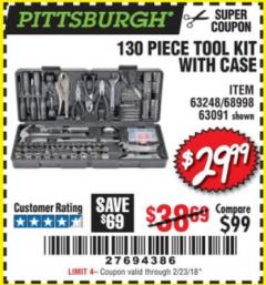 Harbor Freight Coupon 130 PIECE TOOL KIT WITH CASE Lot No. 64263/68998/63091/63248/64080 Expired: 2/23/18 - $29.99